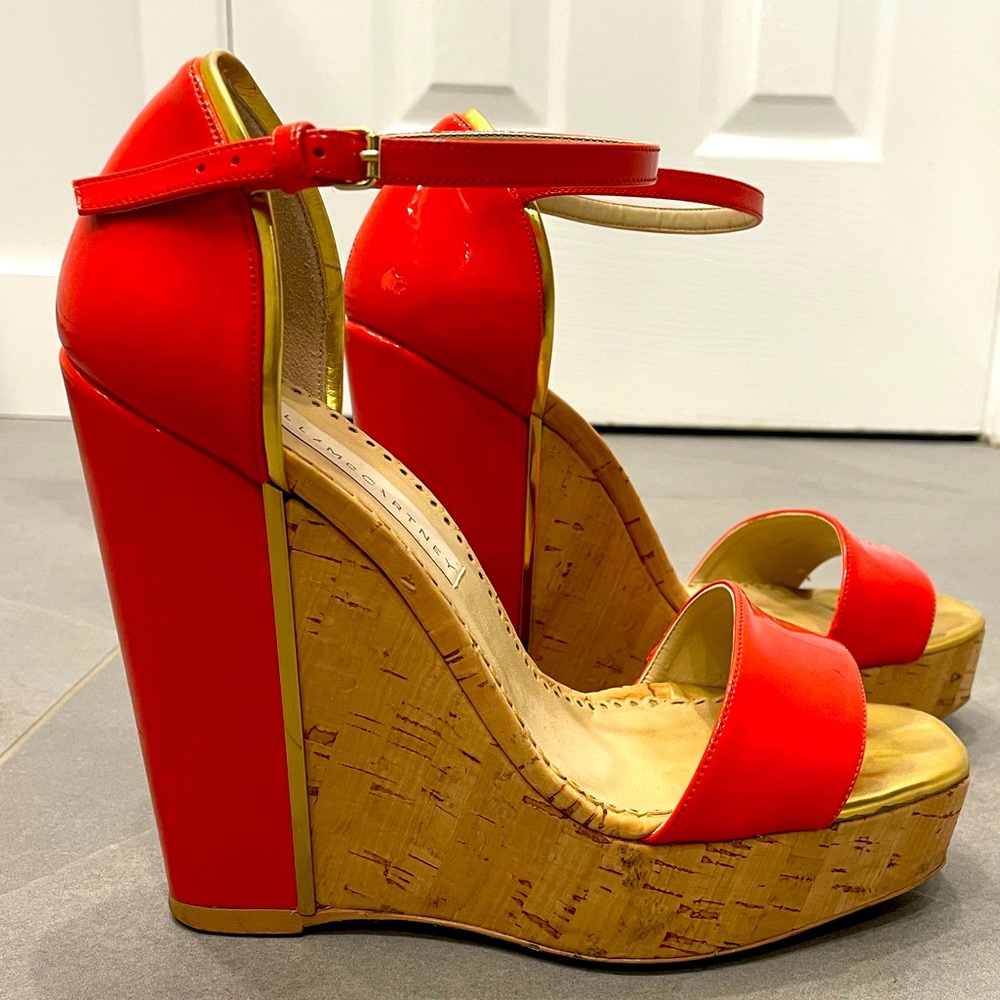 Stella McCartney coral leather & cork platform wedges